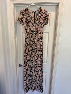 Reformation Black Floral Maxi Dress with Pink Roses